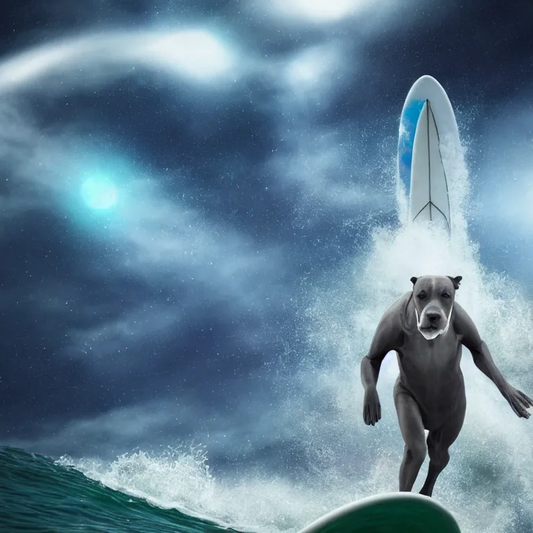 Prompt: photo of a skinny dark gray coat pit bull with a white paws and a white nose!, surfing on a surfboard in a crashing wave of alien galaxy, trending on art station, ocean in space, background is an alien galaxy, aliens in the background, alien colors, octane render, unreal engine, wide view, 8 k, highly detailed