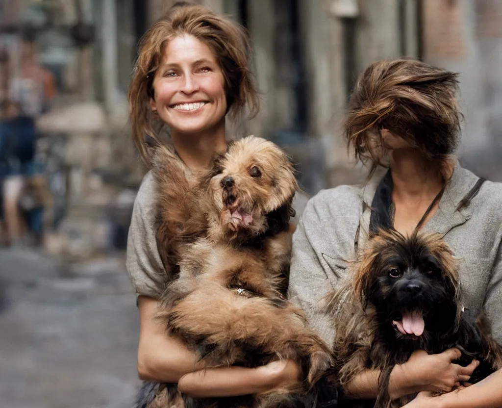 Image similar to closeup portrait of beautiful woman carrying a dog, smoky new york back street, by annie leibovitz and steve mccurry, natural light, detailed face, canon eos c 3 0 0, ƒ 1. 8, 3 5 mm, 8 k, medium - format print