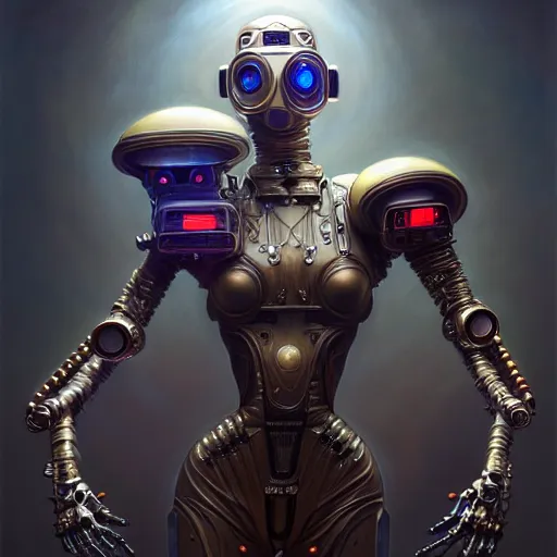 Image similar to front shot of a cyberpunk gazmask robot character, intricate, elegant, highly detailed, centered, digital painting, artstation, concept art, smooth, sharp focus, illustration, artgerm, Tomasz Alen Kopera, Peter Mohrbacher, donato giancola, Joseph Christian Leyendecker, WLOP, Boris Vallejo