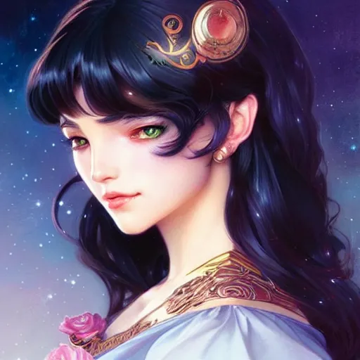 Image similar to a beautiful girl with long dark hair and bangs, sailor moon aesthetic, fantasy, intricate, elegant, highly detailed, digital painting, artstation, concept art, matte, sharp focus, illustration, art by Artgerm and Greg Rutkowski and Alphonse Mucha