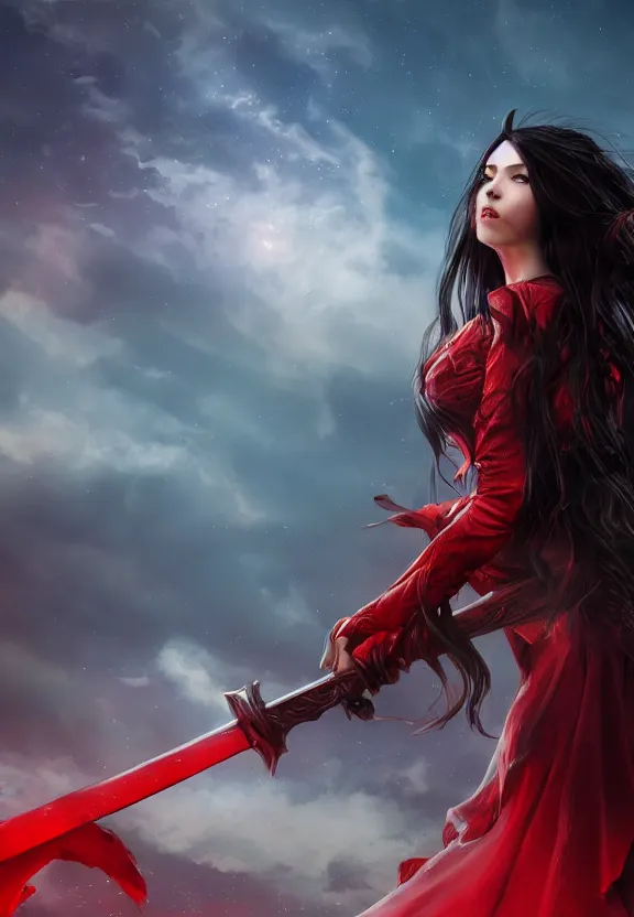 Prompt: a beautiful fierce long black haired woman wearing red dress wielding black sword posing heroically, heavenly moonlit clouds background, close up shot, artstation, extremely detailed woman, stunning volumetric lighting, hyper realism, fantasy 4k