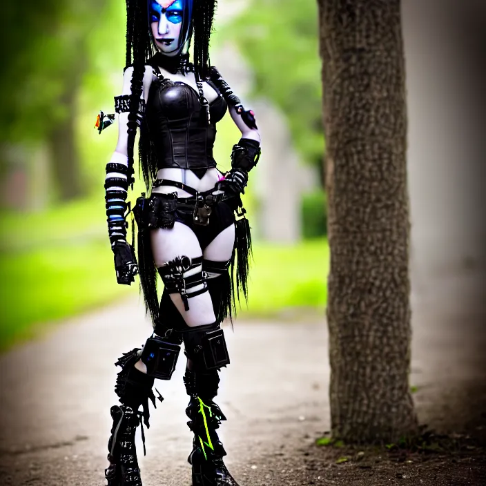 Prompt: full body photograph of a very beautiful cybergoth warrior. extremely detailed. dslr. 8 5 mm.