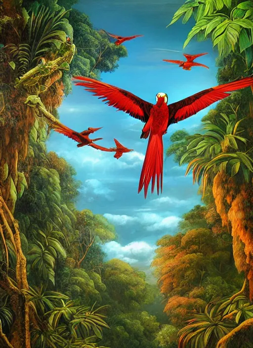 Prompt: a beautiful painting of two macaws flying over the amazon jungle, matte painting, fantasy art, ayahuasca, highly detailed