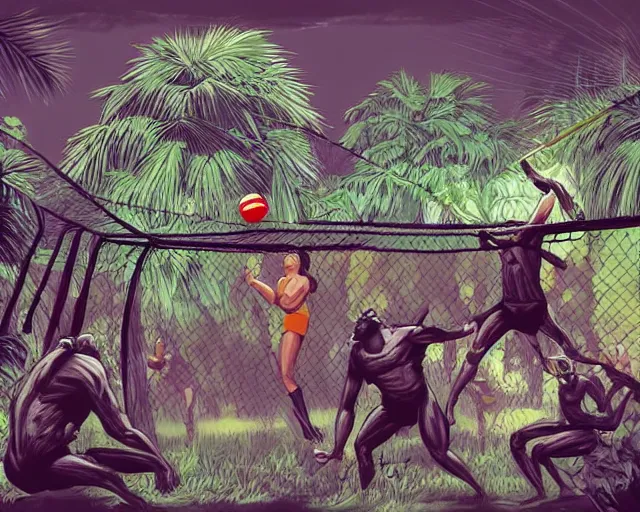 Image similar to gorillas playing volleyball in a jungle with a volleyball, volleyball net, digital illustration, inspired by greg rutkowski and artgerm, high detail