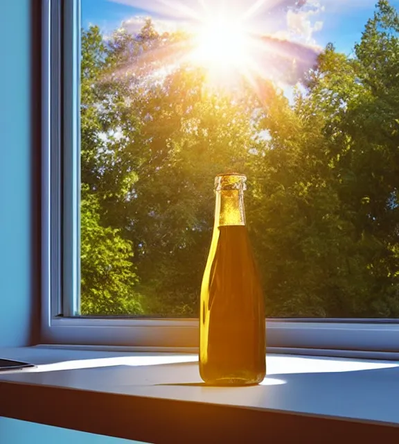 Image similar to a 4 k photorealistic photo of a bottle on a desk infront of a window. good reflections, sunny with sunbeams.