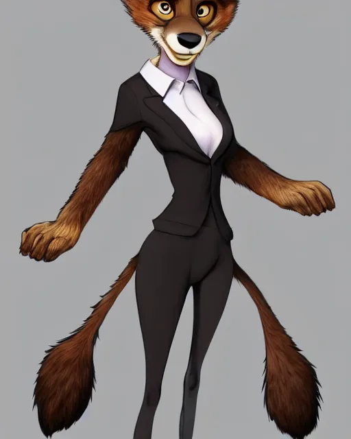 Prompt: digital painting full body of anthromorphic furry female wolf, in style of zootopia, female fursona, furry, furaffinity, 4 k, artstation furry, deviantart, furry art, fursona art, wearing black business suit, wearing black business suit, wolf fursona, female, very expressive detailed feminine face,