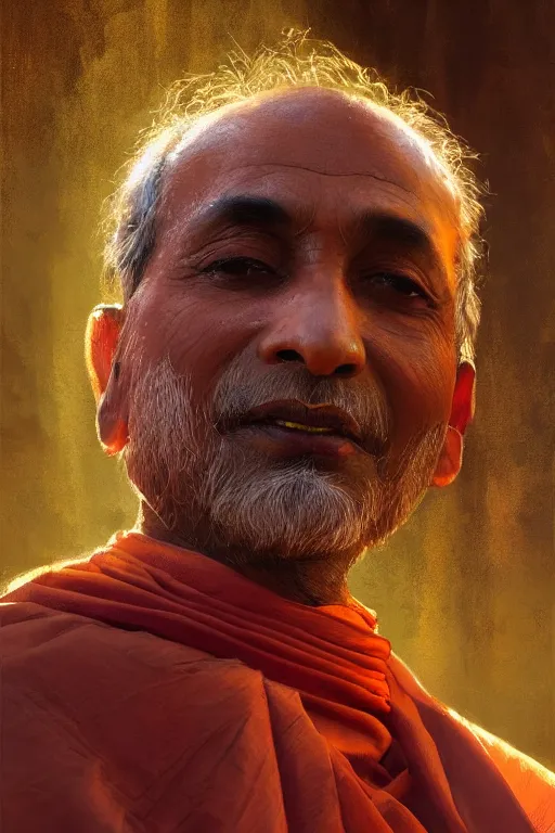 Image similar to hindu priest, close - up portrait, devoted, intricate, elegant, volumetric lighting, scenery, digital painting, highly detailed, artstation, sharp focus, illustration, concept art, ruan jia, steve mccurry