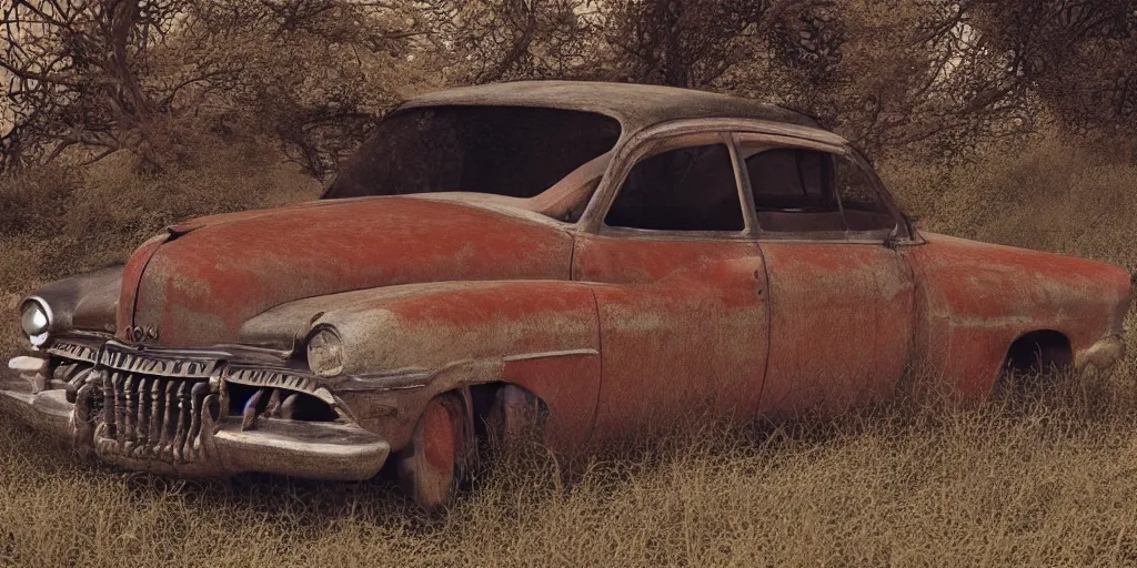 Prompt: Photograph of an abandoned rusty 1950's Buick in a barn, covered with cobweb and dust, crepuscular rays, realistic octane render, 8k, ultra detailed, concept art