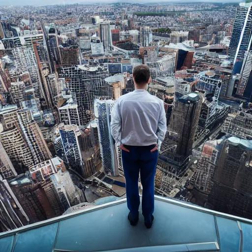 Prompt: a man standing on the top of a tall building, looking down, award winning uhd