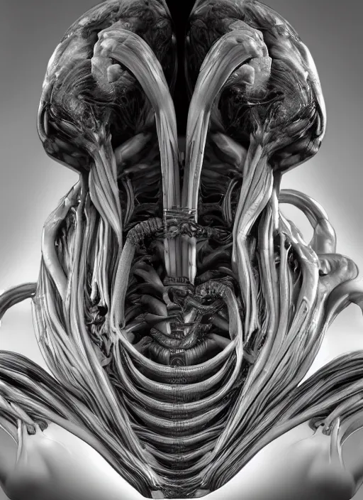 Prompt: : high resolution mri scan with contrast, xenomorph xx 1 2 1, hyper realistic, medical imaging, bilateral symmetry, by hr giger, ultra detail, unreal engine, octane rende,