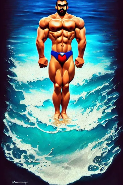 Image similar to gigachad luigi bodybuilder in the ocean by ilya kuvshinov, ernest khalimov body by krista sudmalis, super mario bros symmetrical face concept art, hyper realistic, intricate, elegent, highly detailed, digital painting, concept art, smooth, sharp, focus, illustration, art by artgerm and greg rutkowski and alphonse mucha, artstation