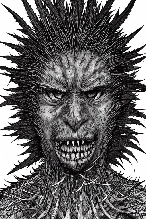 Image similar to thistle monster humanoid figure, symmetrical, highly detailed, digital art, needles, thorns, sharp focus, trending on art station, kentaro miura manga art style