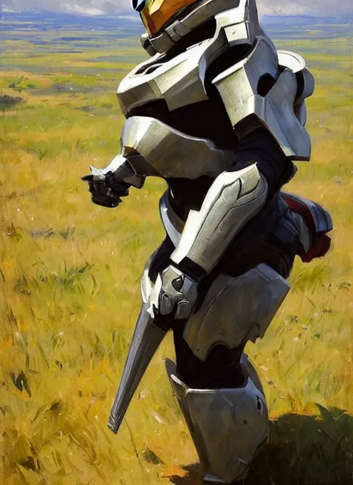 Image similar to Greg Manchess painting of a humanoid Corgi wearing Forerunner Armor from Halo, countryside, calm, fantasy character portrait, dynamic pose, above view, sunny day, artwork by Jeremy Lipkin and Giuseppe Dangelico Pino and Michael Garmash and Rob Rey, very coherent asymmetrical artwork, sharp edges, perfect face, simple form, 100mm