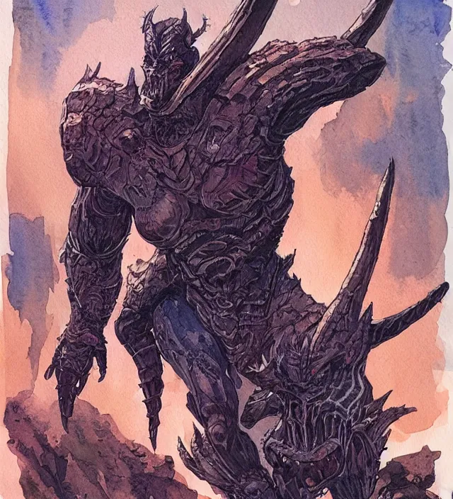 Image similar to a 3 / 4 view watercolor ink painting of a humanoid demonic glowing deathclaw dressed as a raider in the style of jean giraud in the style of moebius trending on artstation deviantart pinterest detailed realistic hd 8 k high resolution