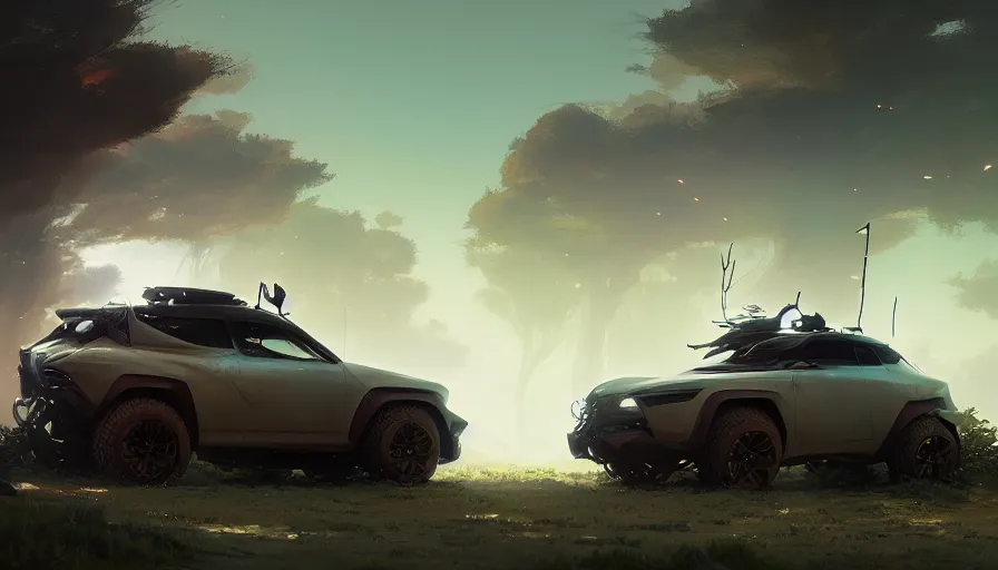 Image similar to a beautiful concept offroad suv by cory loftis, fenghua zhong, ryohei hase, ismail inceoglu and ruan jia. volumetric light, detailed, octane render, midsommar