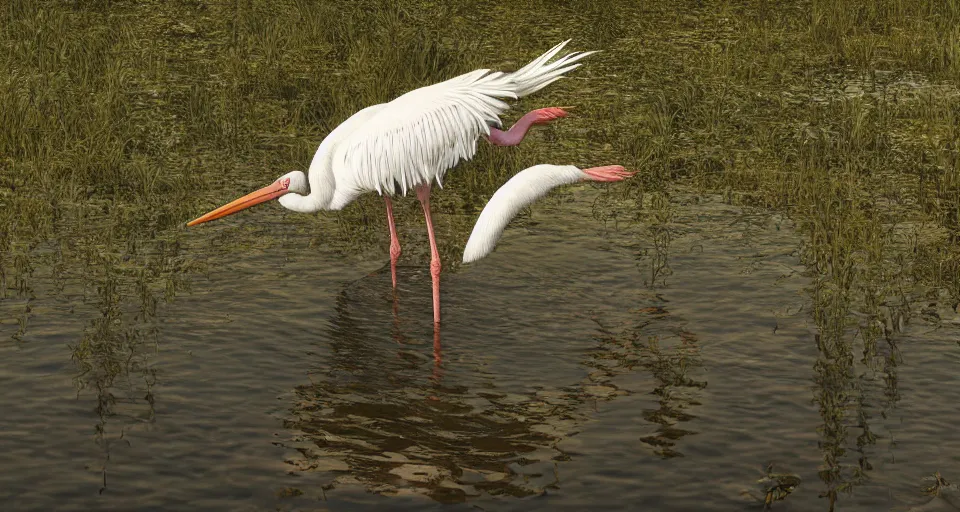 Prompt: A beautiful hyper realistic ultra detailed lifelike matte painting of a stork in a lake, unreal engine, deviantart, flickr, artstation, octane render, textured, colorful, extreme realistic detail, physically based rendering, pbr render, very detailed, volumetric lighting, detailed lighting, octane render, 4k, cinematic lighting, 8k resolution