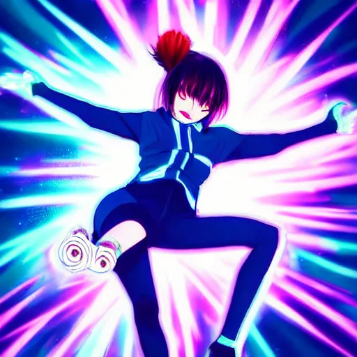 Prompt: high detailed, art by Naoyuko Kato: (subject = anime girl + subject detail=throwing a high kick in the air, futuristic, high detailed) + (background= bright color splashes and lazer lights in a dark background)