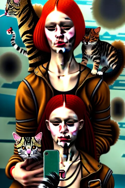 Prompt: punk rock girls making selfie and smoking with cats in jungle , mad max jacket, post apocalyptic, renaissance, highly detailed, digital painting, oil painting by Leonardo Da Vinci, hyper realistic style, fantasy by Olga Fedorova