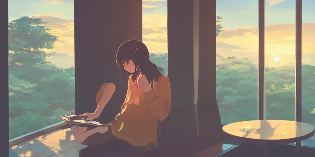 Image similar to Girl reading in a window seat in a coffee shop at sunset cinematic lighting, style by Makoto Shinkai