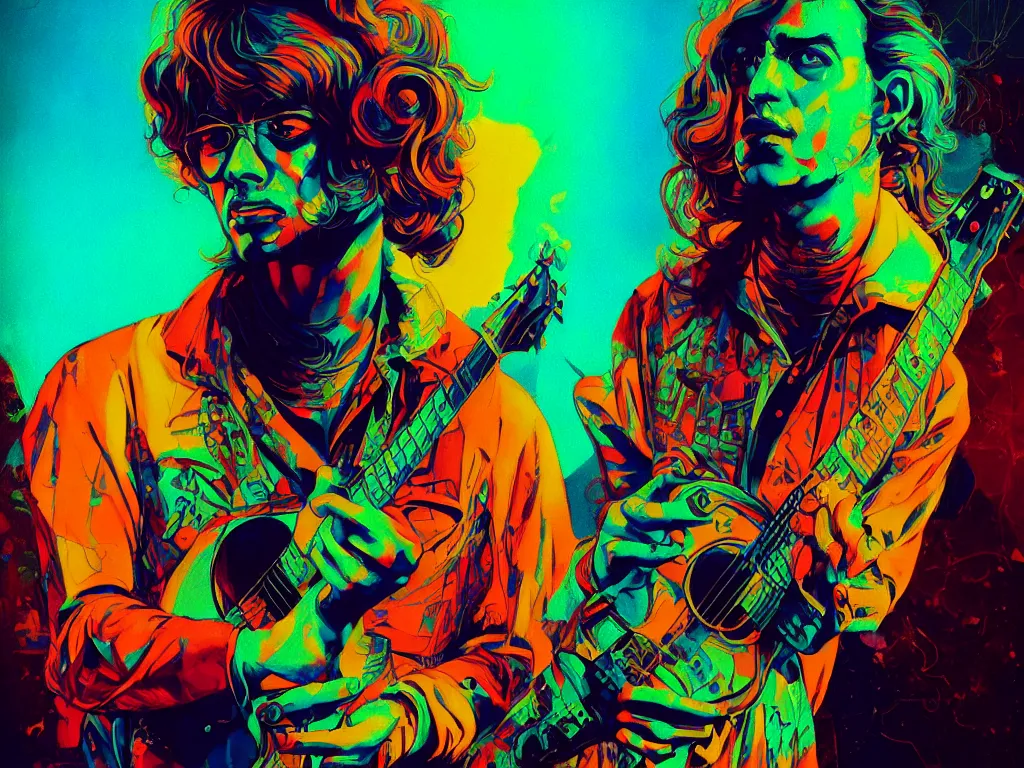 Image similar to duotone trippy 1 9 6 0 s lsd concept illustration portrait of a hippy rock musician on stage. volumetric lighting. golden ratio accidental renaissance. by sachin teng and sergey kolesov and ruan jia and heng z. graffiti art, scifi, fantasy, hyper detailed. octane render. concept art. trending on artstation.