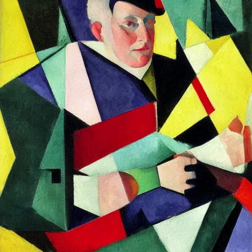 Prompt: A painting of a man holding a phone, collage, painting by Sonia Delaunay, by Paul Cézanne dull