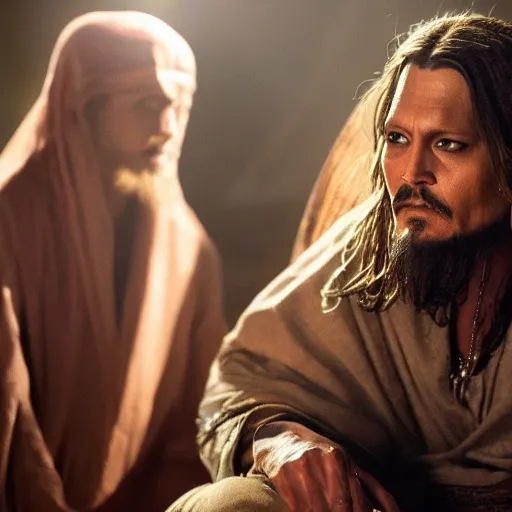 Image similar to stunning awe inspiring johnny depp as the jesus christ, movie still 8 k hdr atmospheric lighting