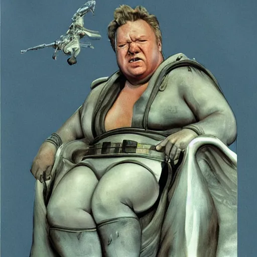 Prompt: ray winstone as baron harkonnen sitting on throne in dystopian science fiction hall in 1982 movie dune, by boris vallejo