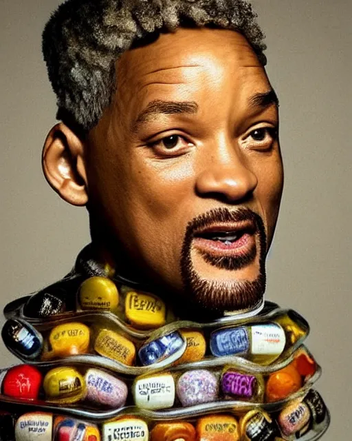 Prompt: will smith made out of pills, human face made out of pills, professional food photography, by giuseppe arcimboldo