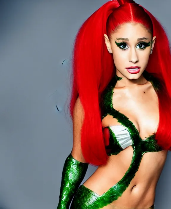 Prompt: ariana grande modeling as poison ivy, professional photograph