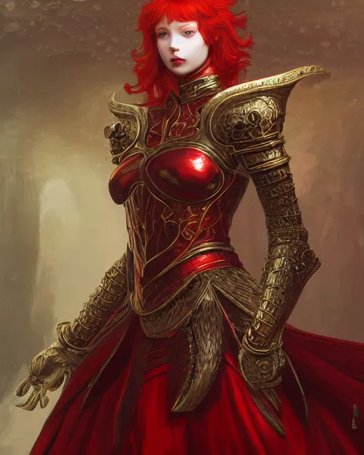 Prompt: redhead queen knight in red armor, inside grand hall in castle with rococo aesthetic, beautiful face, intimidating, high fantasy, intricate detail, digital painting, artstation, concept art, smooth, sharp focus, illustration, art by yoshitaka amano and monia merlo and wlop, masterpiece.