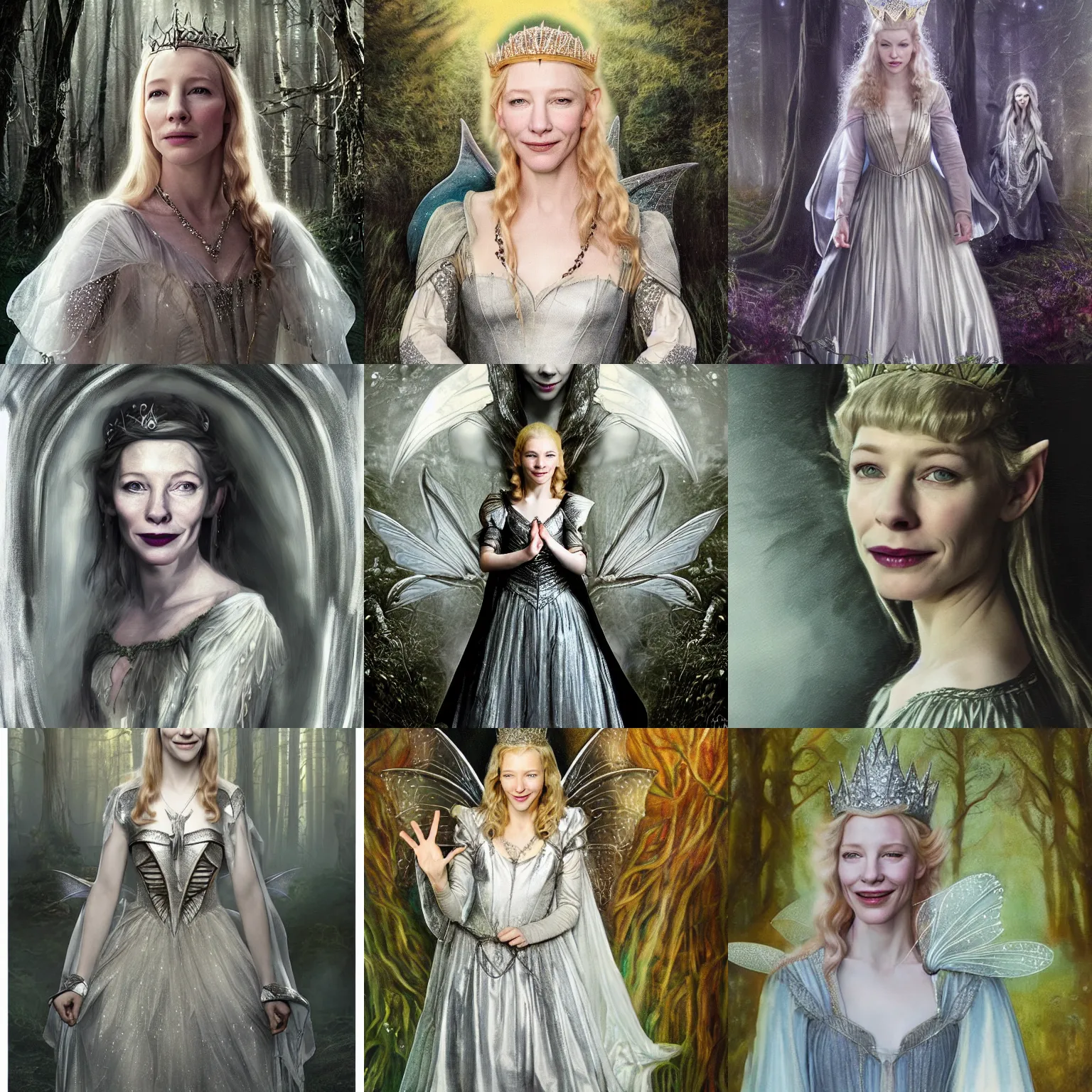 Prompt: portrait of mischievous, dangerous young, smiling Galadriel (young Cate Blanchett) as a queen of fairies, dressed in a beautiful silver dress. The background is a dark, creepy eastern europen forrest. night, horroristic shadows, high contrasts, lumnious, foggy effect, photorealistic, dreamlike, mist filters, theatrical, oil canvas art by Henry Meynell Rheam and Cesare Saccaggi