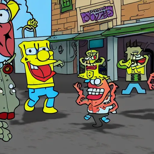 Image similar to doomer spongebob destroys zombies using only crabby patty in kyiv Lo-FI