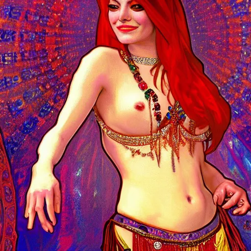 Image similar to a portrait of emma stone dressed as a belly dancer, arabian night, high quality, fully detailed, 4 k, in focus sharp face with fine details, realistic hand details and anatomy, inspired by belly dancer on youtube, alphonse mucha, masterpiece, stunning, artstation