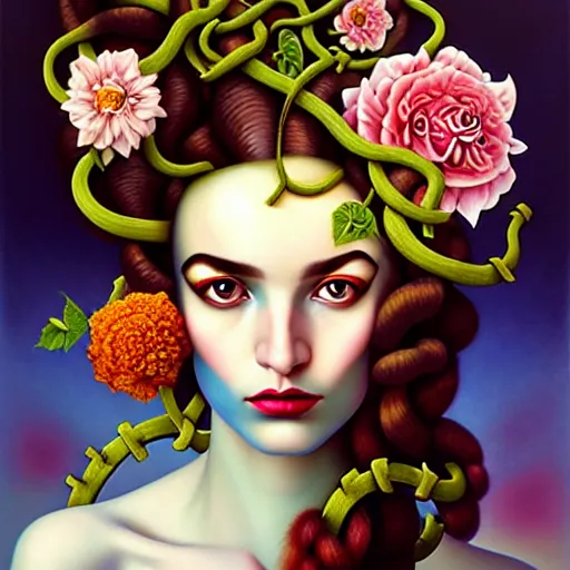 Image similar to dynamic composition, a painting of woman with hair of ( summer flowers )!! and vines wearing ornate earrings, ornate gilded details, a surrealist painting by tom bagshaw and jacek yerga and tamara de lempicka and jesse king, featured on cgsociety, pop surrealism, surrealist, dramatic lighting, wiccan, pre - raphaelite