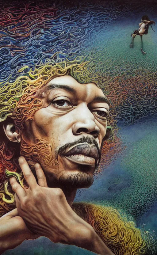 Image similar to ultrawide angle colour masterpiece surreal closeup portrait photography of jimi hendrix playing on stage by miho hirano and annie leibovitz and michael cheval, weird surreal epic psychedelic complex biomorphic 3 d fractal landscape in background by kilian eng and roger dean and salvador dali and beksinski, 8 k