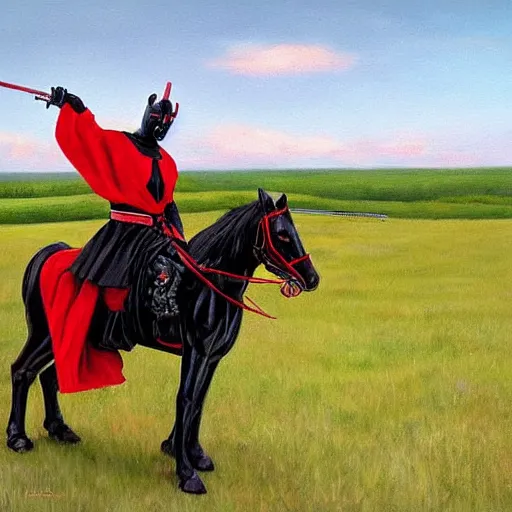 Prompt: darth maul riding his horse in his big iowa property, realistic painting