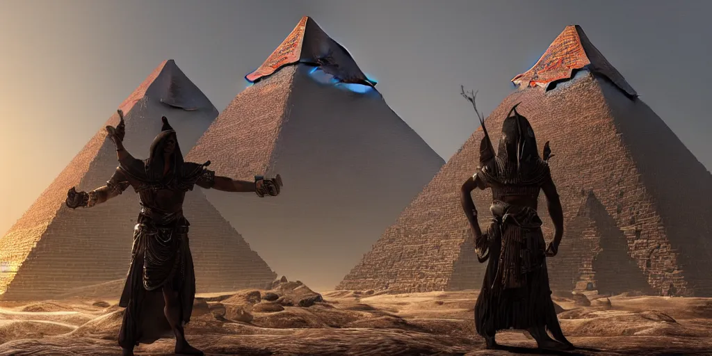 Image similar to Photorealistic epic intricate detailed dark wizard with arms outstretched, casting spells in front of an ominous Egyptian pyramid. a gentle rising mist, an epic rocky landscape. occult photorealism, UHD, amazing depth, glowing, golden ratio, 3D octane cycle unreal engine 5, volumetric lighting, cinematic lighting, cgstation artstation concept art