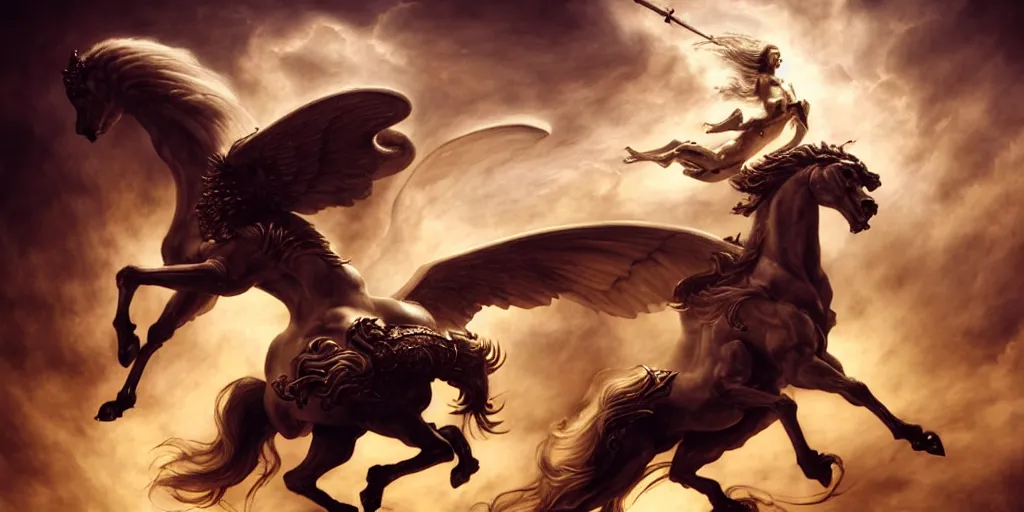 Prompt: Bellerophon riding Pegasus and slaying the Chimera, by Rolf Armstrong and Evelyn De Morgan and Bastien Lecouffe-Deharme, dramatic lighting, high contrast colors, baroque, empyrean, panoramic view, as trending on Artstation, highly detailed, doom engine,