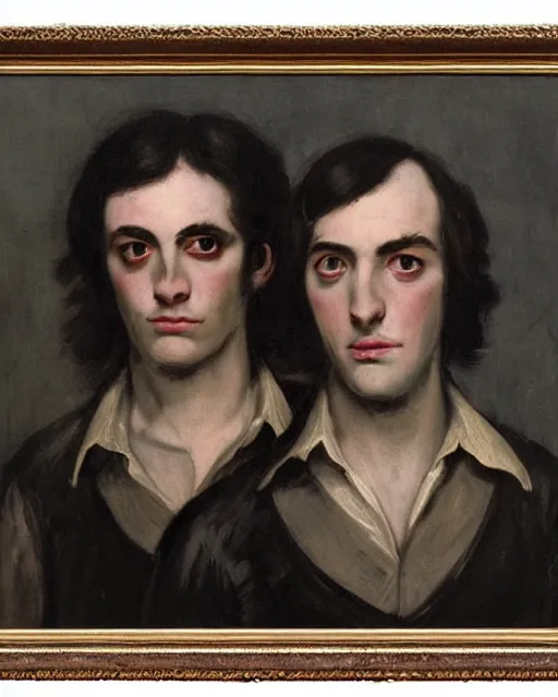 Prompt: a baroque painting of two beautiful but sinister young men wearing oxford shirts in layers of fear, with haunted eyes and dark hair, 1 9 7 0 s, seventies, wallpaper, a little blood, moonlight showing injuries, delicate embellishments, painterly, offset printing technique, by brom, robert henri, walter popp