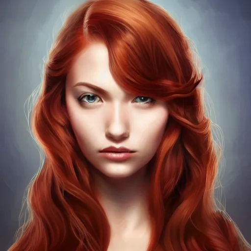 Prompt: young woman, medium wavy red hair, slightly tanned, heroine, oil painting, portrait, intricate complexity, rule of thirds, in the style of artgerm, character concept