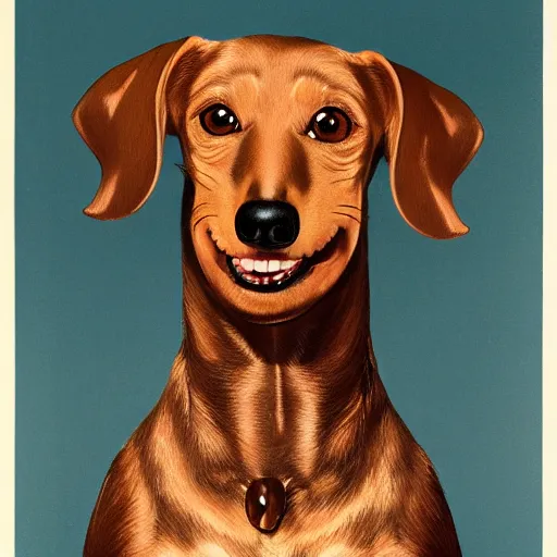 Image similar to very detailed portrait of a very happy dachshund, with a big smile, Norman Rockwell, Anne Geddes, 8k