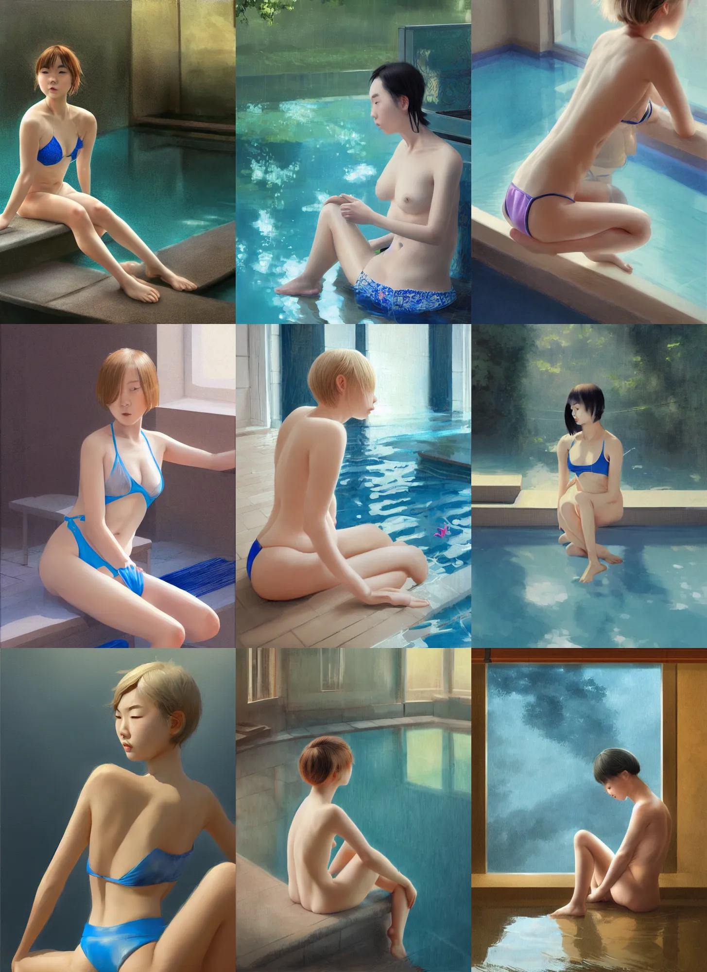 Prompt: young asian girl, short blond hair, sit on the edge of swimming pool, blue bikini, indoor, bay window, intricate, elegant, digital painting, highly detailed, artstation, sharp focus, illustration, ruan jia, rutkowski