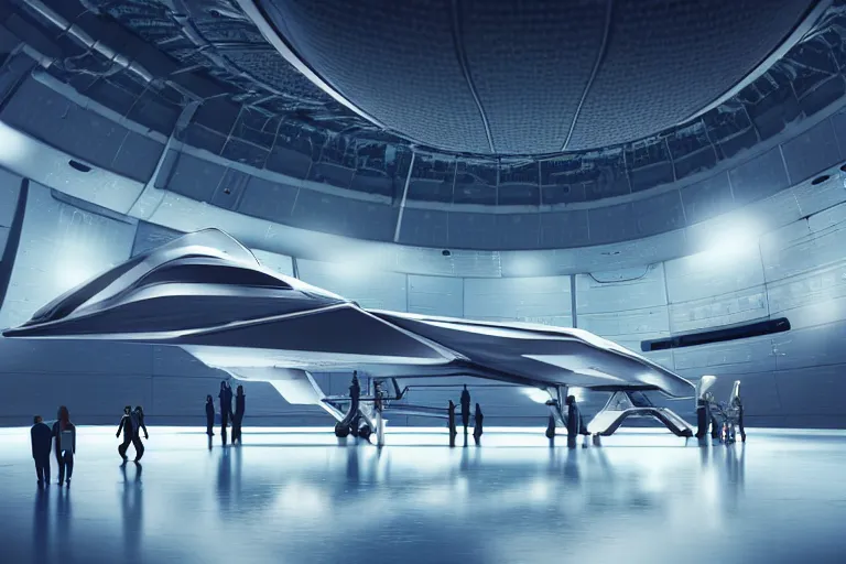 Image similar to a huge futuristic spacecraft in a hangar, cinematic lighting, low angle, tiny people standing near the spacecraft, concept art