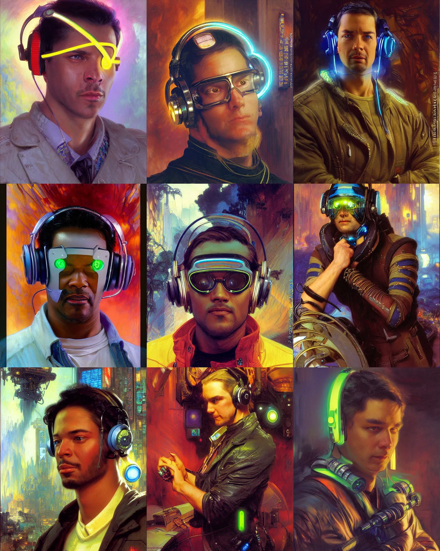 Prompt: digital neon cyberpunk male with geordi eye visor and headphones portrait painting by donato giancola, thomas moran, john berkey, j. c. leyendecker, alphonse mucha
