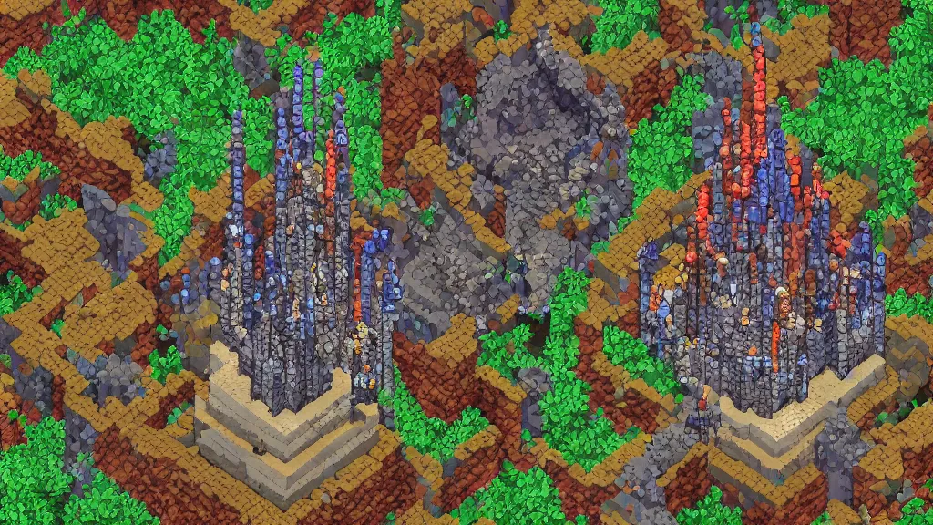 Prompt: Aerial view of a wizard tower surrounded by different kinds of gem mines and ominous caves, pixel art, colored