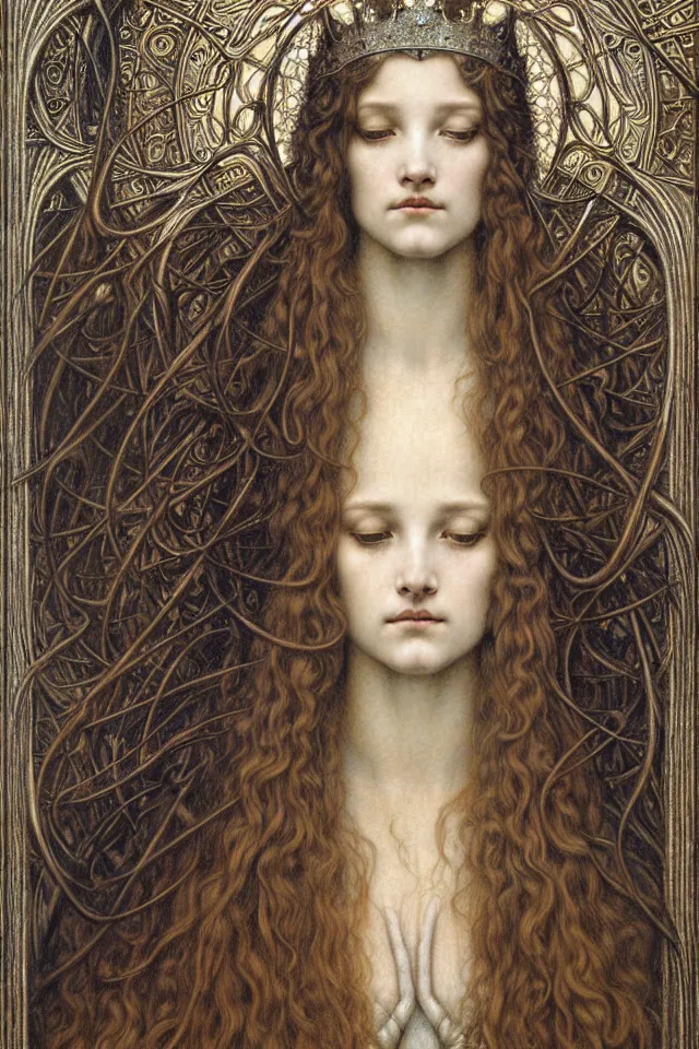 Image similar to detailed realistic beautiful young medieval queen face portrait by jean delville, gustave dore and marco mazzoni, art nouveau, symbolist, visionary, gothic, pre - raphaelite. horizontal symmetry