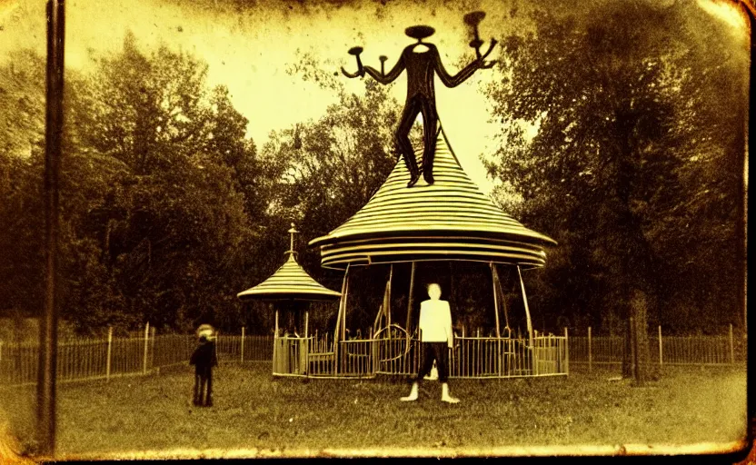 Image similar to a old daguerreotype photo of the slender man, standing still, waiting next to a merry go round in a kids park, grainy, old photo, golden ratio, scary, horror photography, 5 0 mm lens, f 1. 8