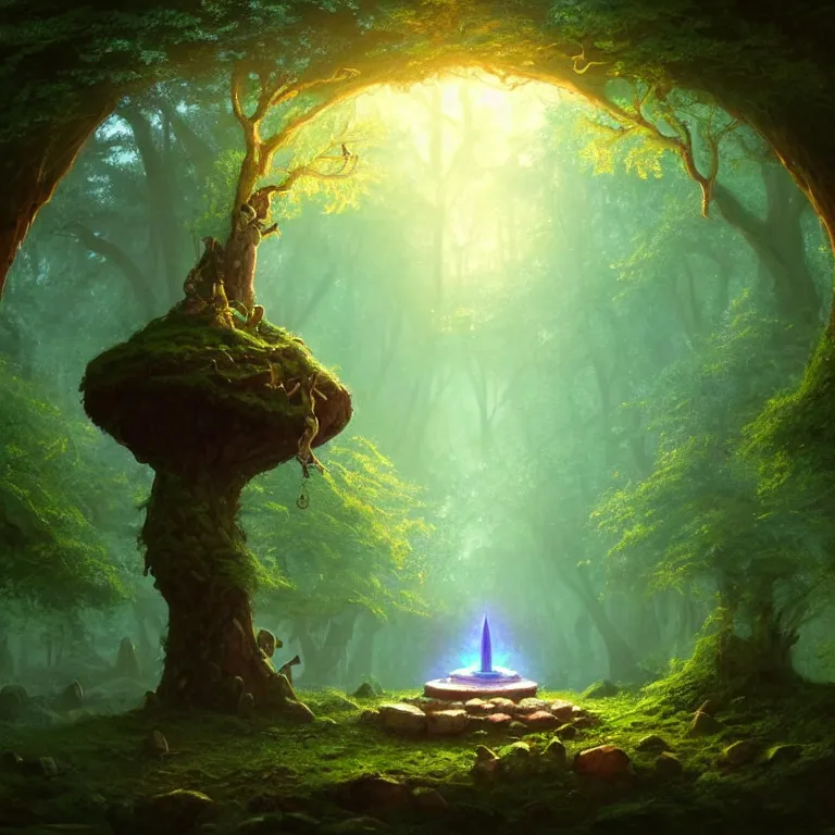 Image similar to Fantasy Magical fairy-tale glowing stone portal in the forest. Round stone portal teleport in trees to other worlds. Fantastic landscape. Magic Altar in the fores, highly detailed, digital painting, artstation, concept art, smooth, sharp focus, illustration, art by greg rutkowski