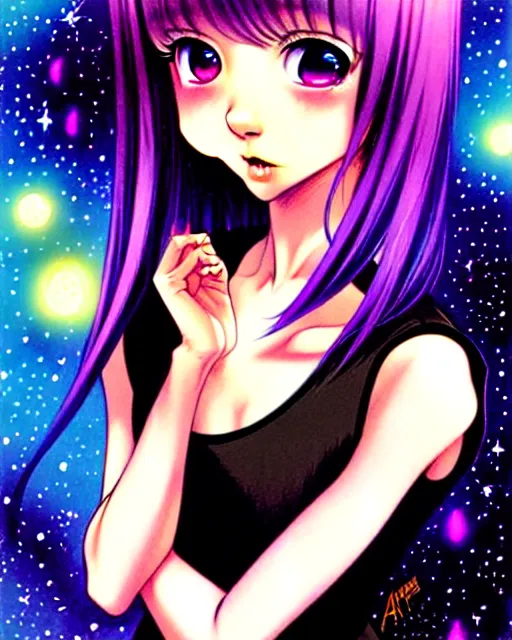 Image similar to portrait of an attractively cute young woman with amazingly dyed medium length hair wearing a short tight black dress think about the galaxy, art by Range Murata and Artgerm.