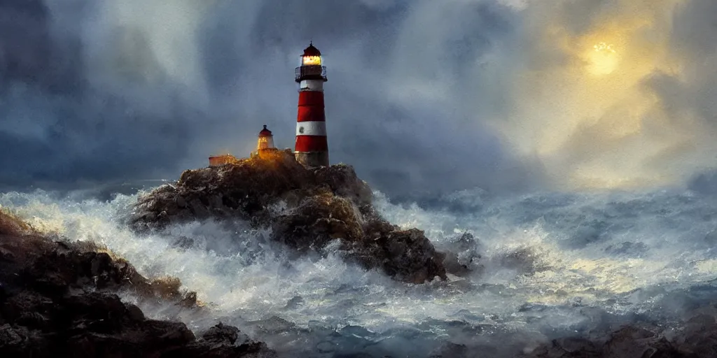 Image similar to a watercolor painting of a single lighthouse in a small rocky island during a violent storm by craig mullins, high quality, highly detailed, digital painting, masterpiece, turbulent sea, dramatic lighting, cinematic, centered, watercolor, william turner style, 4 k